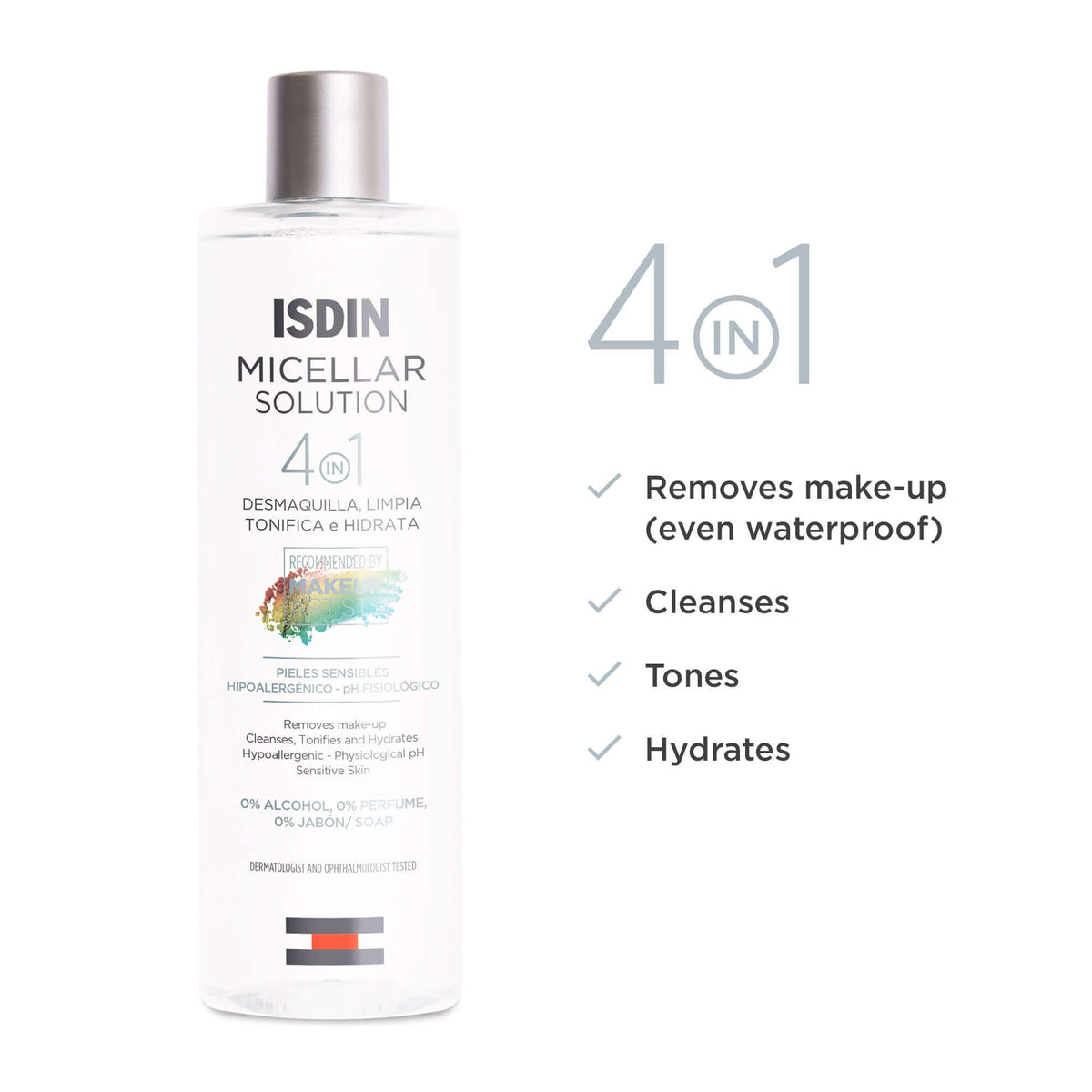 ISDIN micellar water removing eye makeup showing gentle, no-rinse benefit