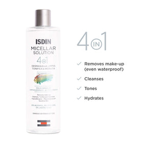 ISDIN micellar water removing eye makeup showing gentle, no-rinse benefit