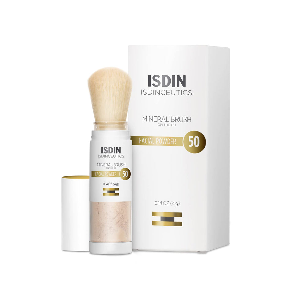 ISDIN mineral brush front packaging showing SPF 50 protection benefit
