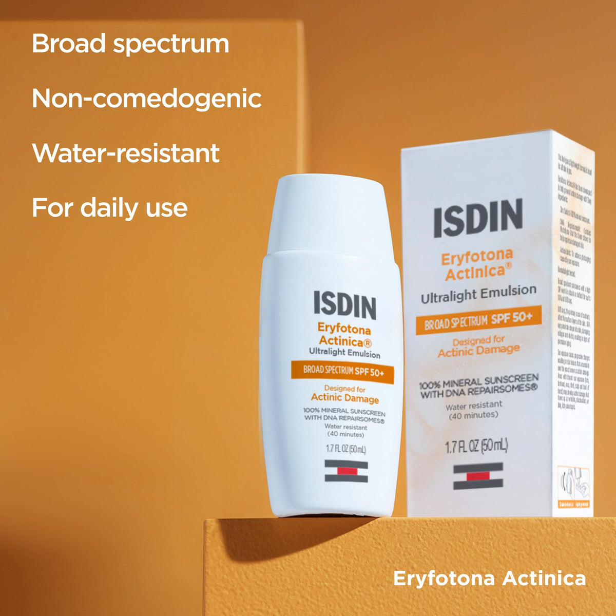 ISDIN tube in hand to show 1.7 fl oz compact travel-friendly size