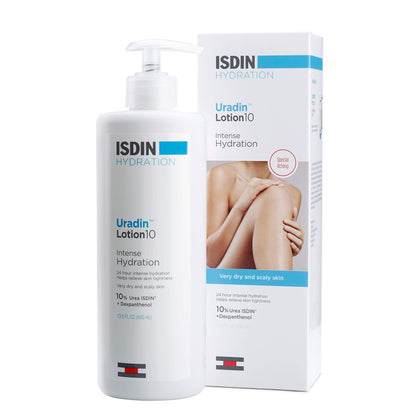 ISDIN Uradin 10 front packaging showing bottle for easy identification and daily hydration