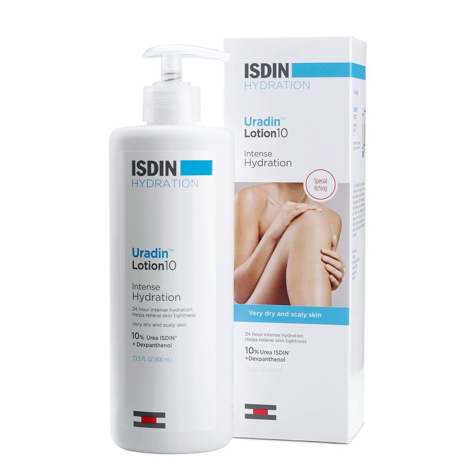 ISDIN Uradin 10 front packaging showing bottle for easy identification and daily hydration