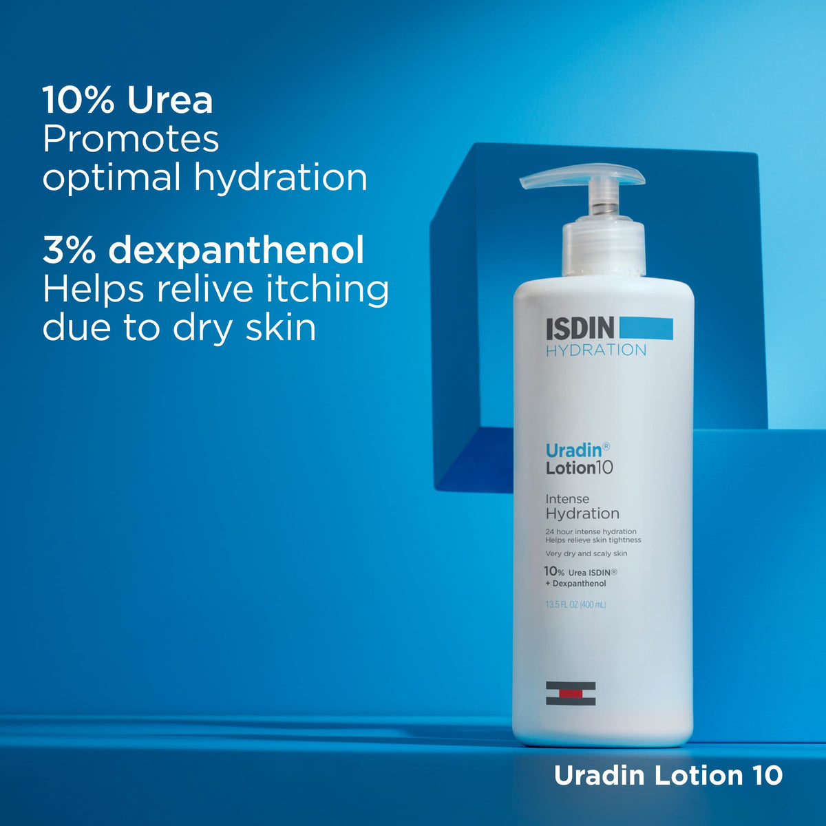 ISDIN Uradin 10 label details and ingredients emphasizing 10% urea for long-lasting hydration