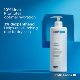 ISDIN Uradin 10 label details and ingredients emphasizing 10% urea for long-lasting hydration