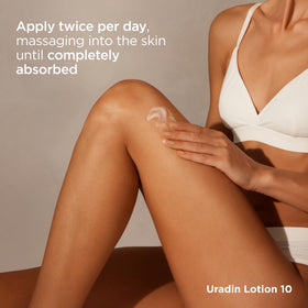 ISDIN Uradin 10 lotion absorbing into skin illustrating non-greasy finish and comfort