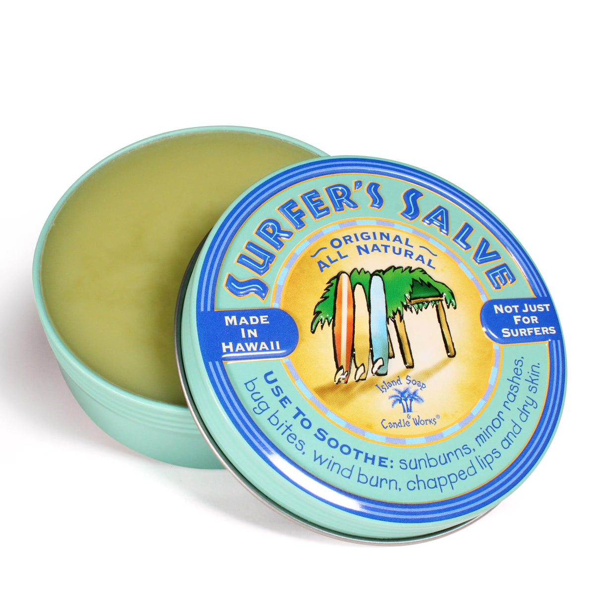 Island Soap & Candle Works tin front showing label and size, easy-grab benefit