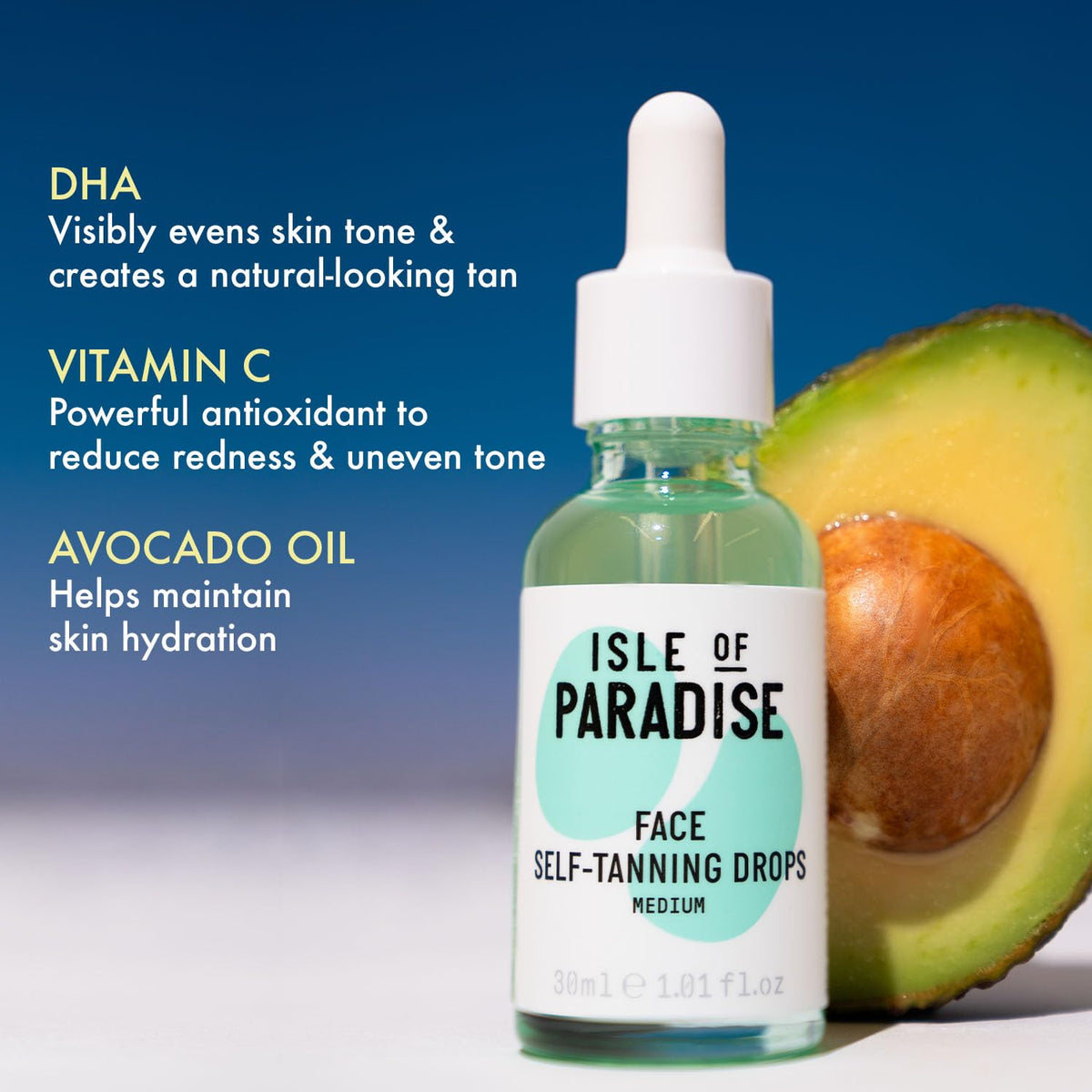 Isle of Paradise close-up ingredients on skin, brightening and evening benefit