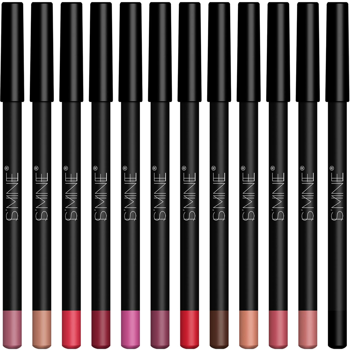 IS'MINE twelve slim lip pencils laid out to show color range and versatility