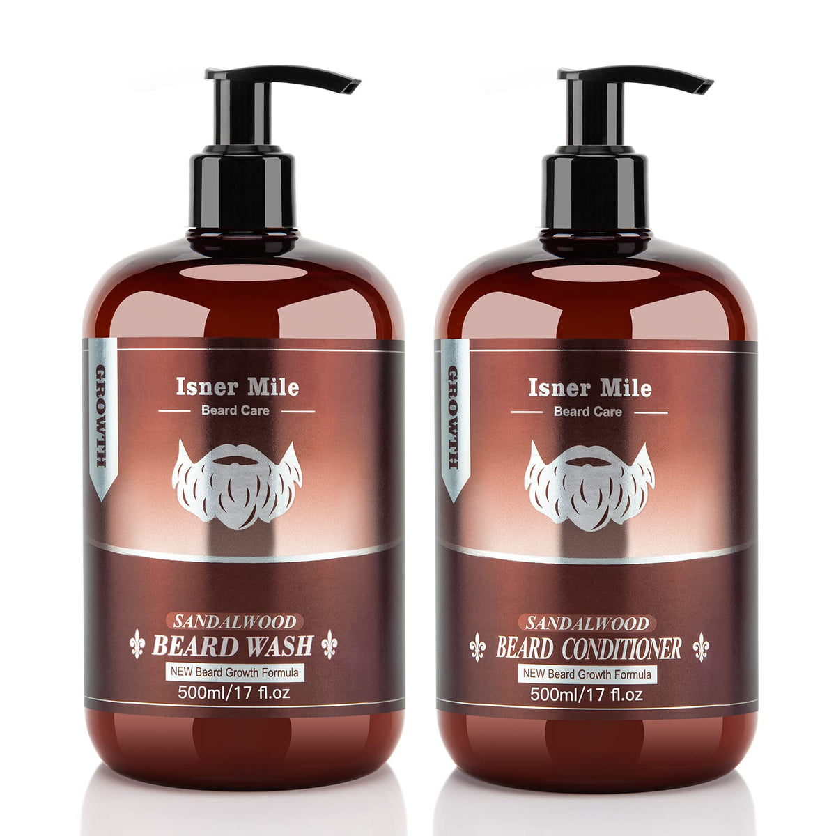 ISNER MILE front packaging duo showing two 17 oz bottles and sandalwood label for grooming clarity