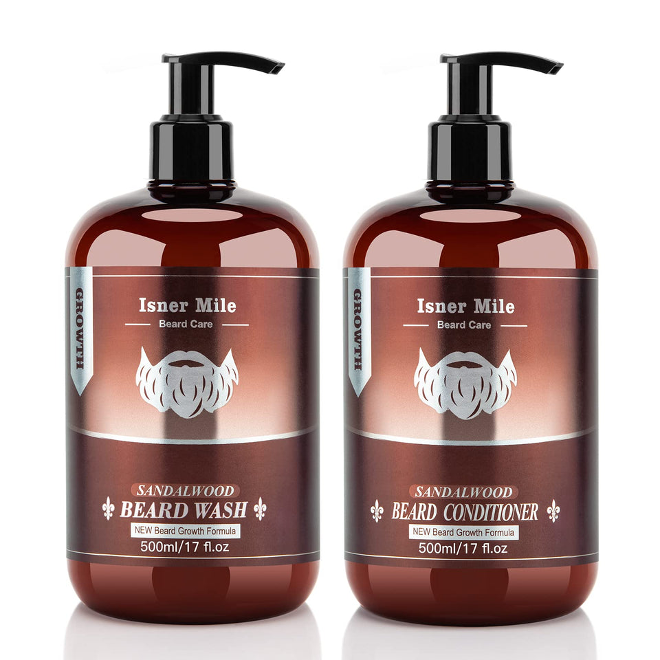 ISNER MILE front packaging duo showing two 17 oz bottles and sandalwood label for grooming clarity