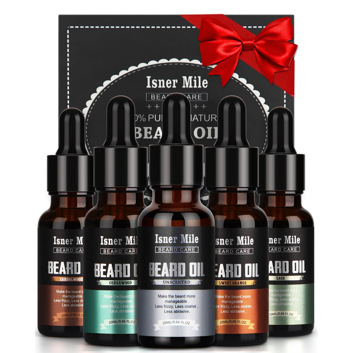 ISNER MILE front packaging showing five-scent beard oil kit benefits
