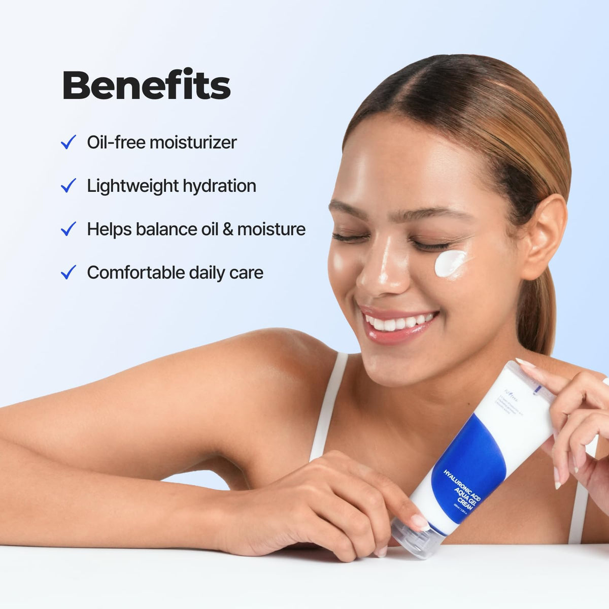 IsNtree dispenser applying gel to fingertip demonstrating easy, non-greasy spread
