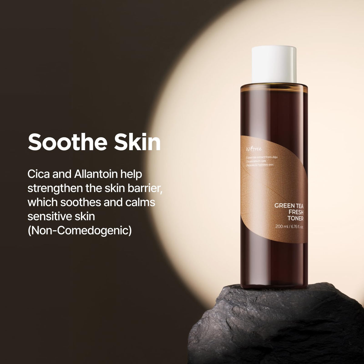ISNTREE toner being patted onto cheek, illustrates soothing, non-sticky hydration