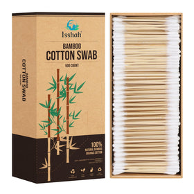 Isshah front packaging showing 500-count sustainable bamboo swabs and recyclable box benefits