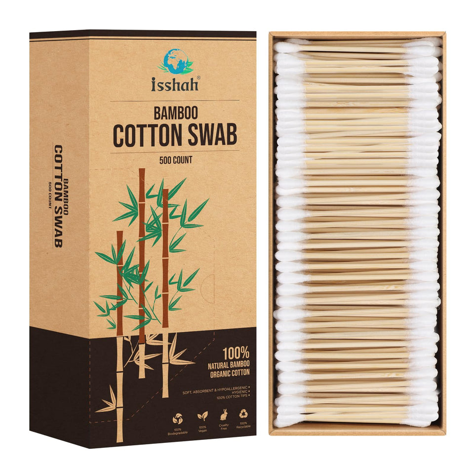Isshah front packaging showing 500-count sustainable bamboo swabs and recyclable box benefits