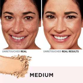 IT Cosmetics powder applied with brush demonstrating buildable coverage benefit