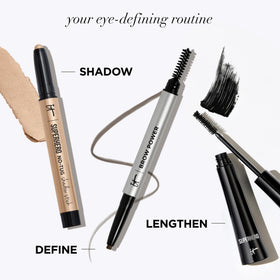 IT Cosmetics pencil on a vanity with tools illustrating everyday grooming routine