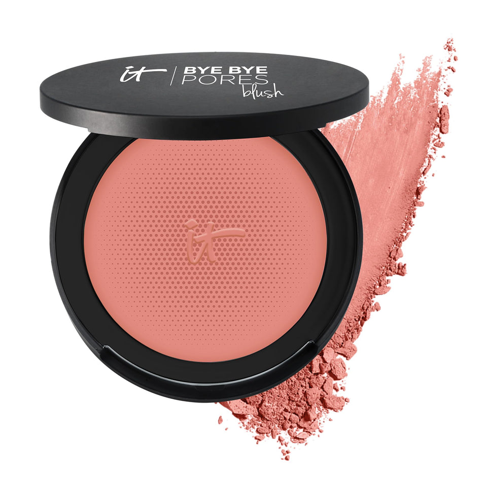 IT Cosmetics compact front view showing blush color and portable design benefits