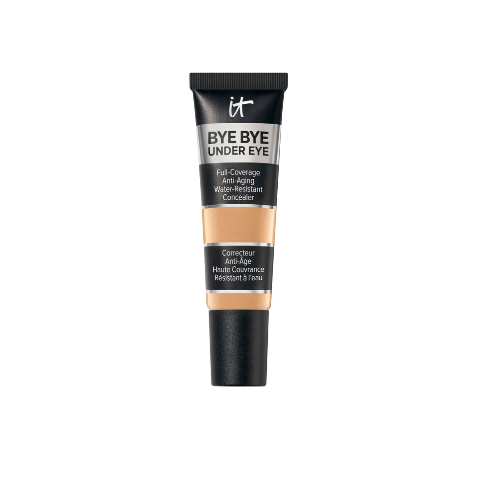 IT Cosmetics front tube and swatch showing medium tan shade and even coverage benefit