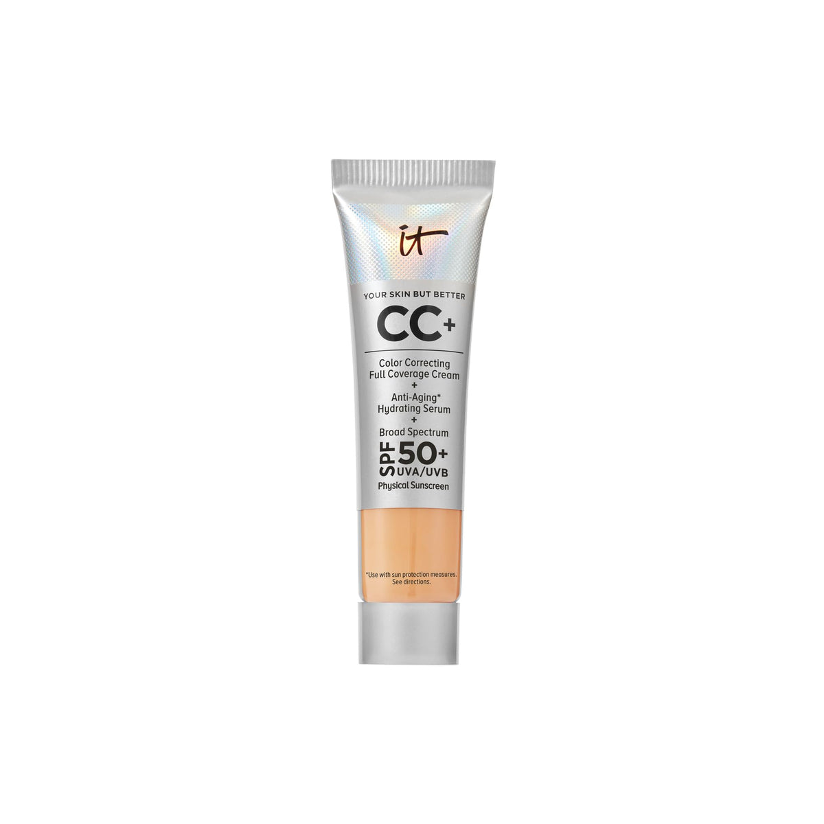 IT Cosmetics front packaging of travel CC+ Cream showing compact pump travel-friendly protection