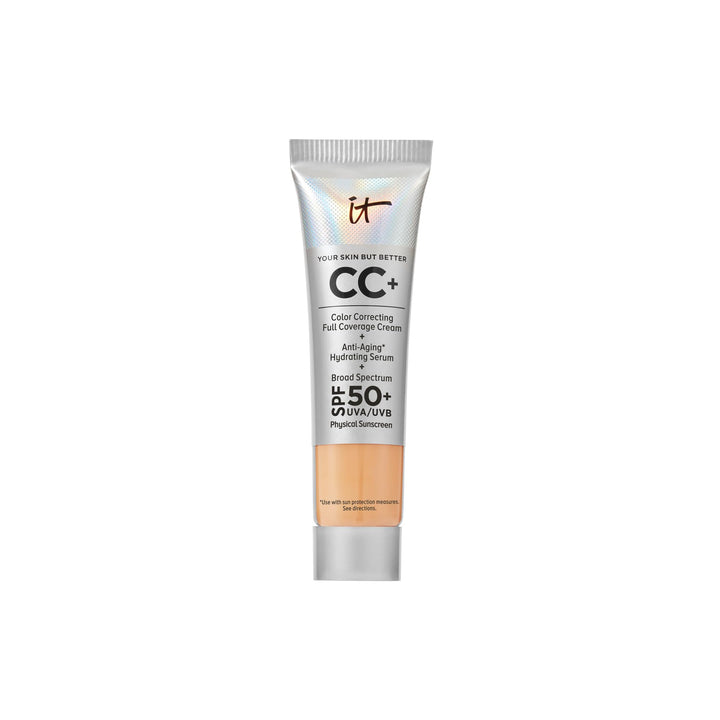 IT Cosmetics front packaging of travel CC+ Cream showing compact pump travel-friendly protection