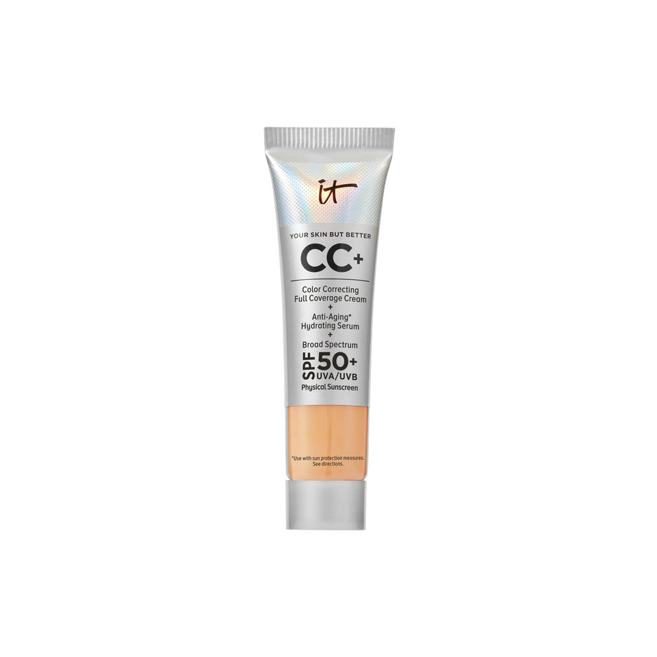 IT Cosmetics front packaging of travel CC+ Cream showing compact pump travel-friendly protection