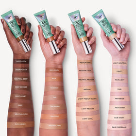 IT Cosmetics foundation sample next to powder showing matte versus glow comparison