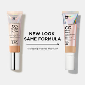 IT Cosmetics side-by-side swatch before and after showing visible brightening and evened tone benefit