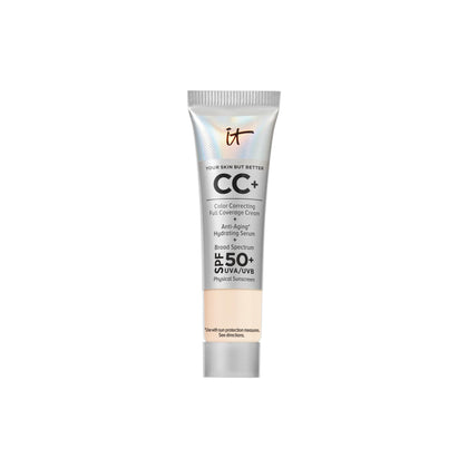 IT Cosmetics front packaging of travel CC+ Cream showing compact bottle and label benefit