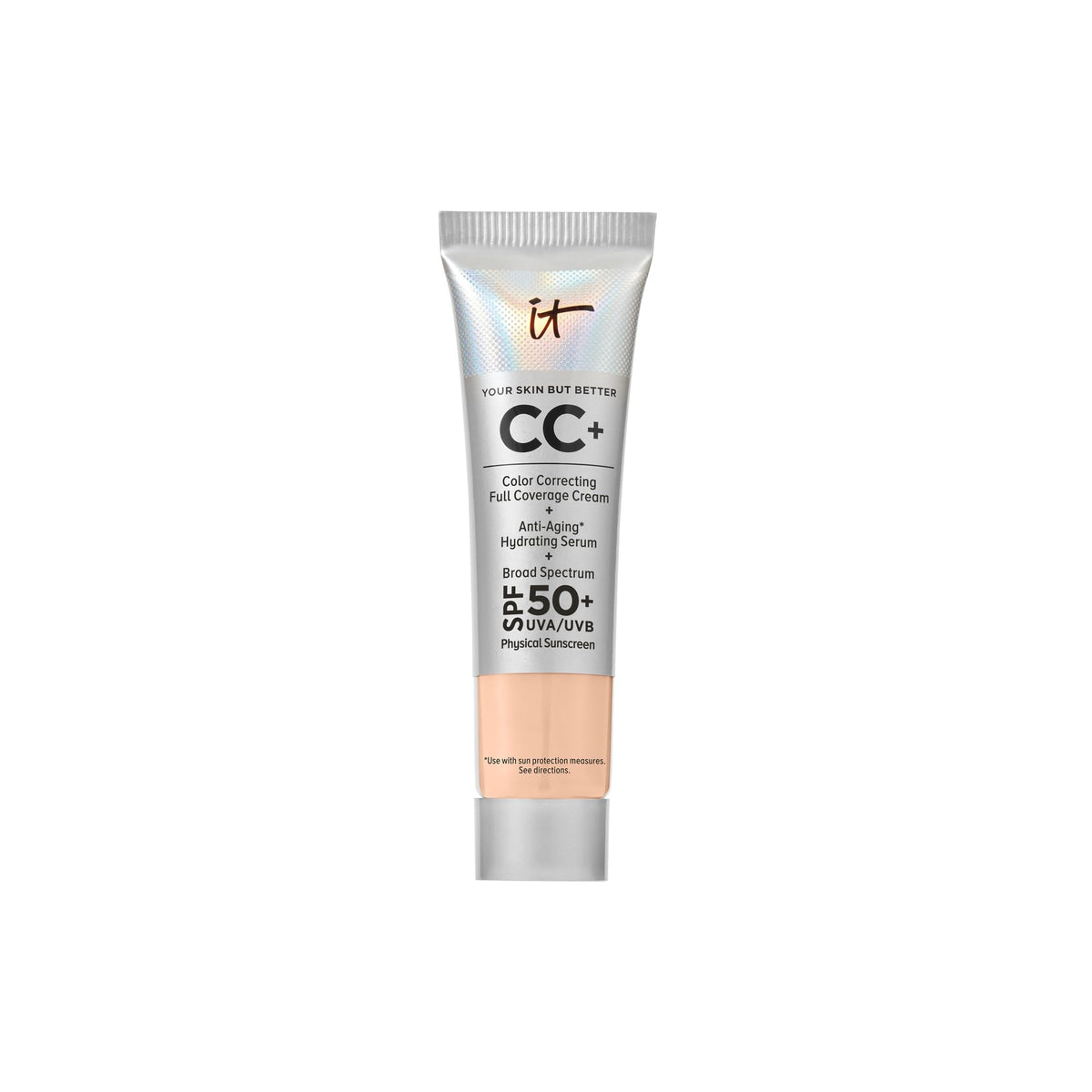 IT Cosmetics travel tube front view showing compact SPF coverage benefit