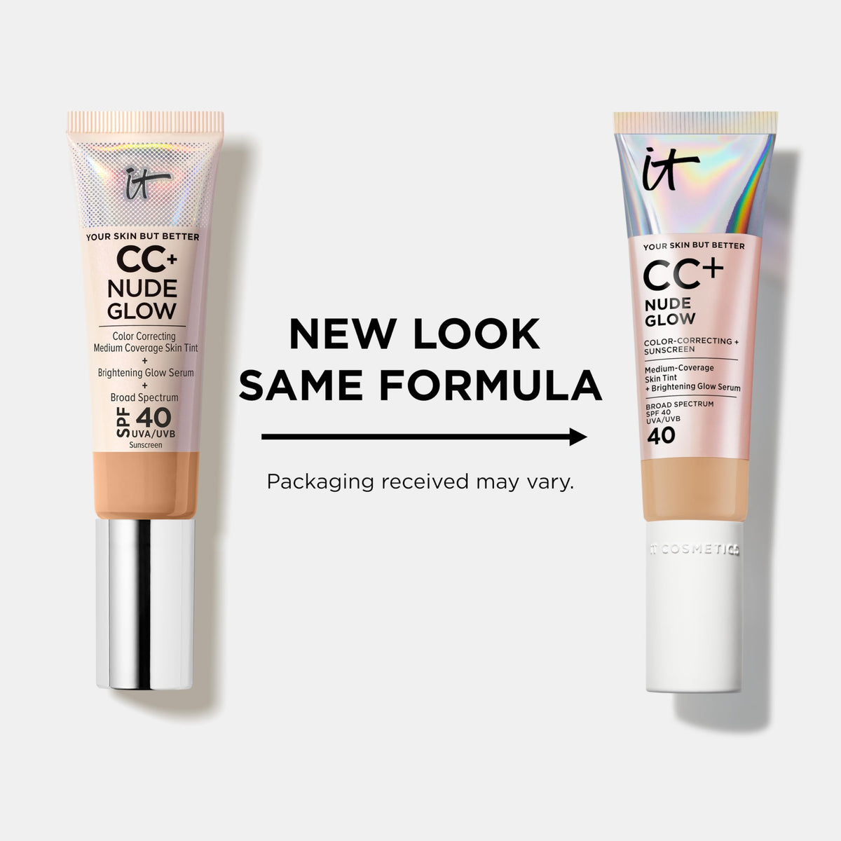 IT Cosmetics CC+ Nude Glow applied on forearm showing coverage and natural radiant effect
