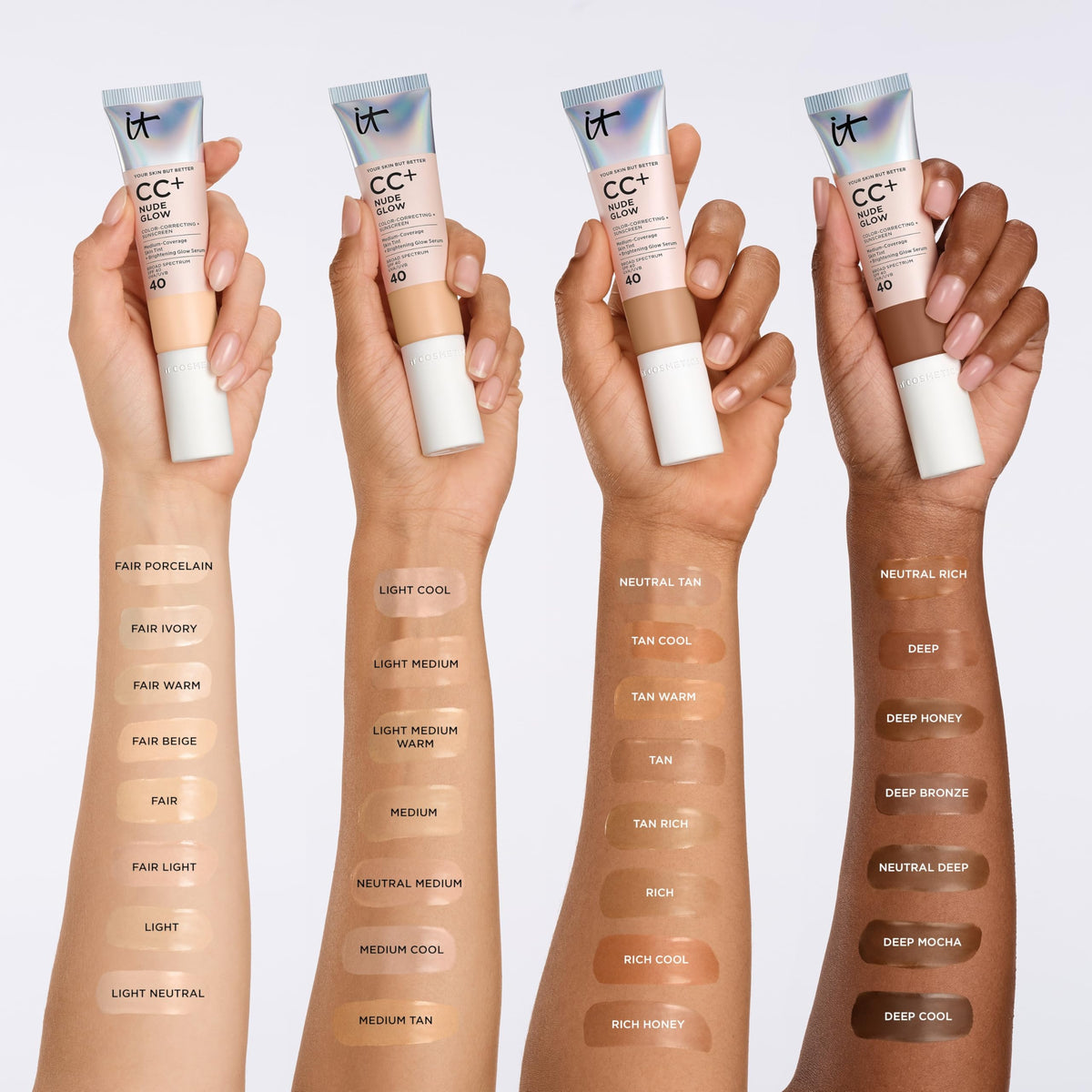 IT Cosmetics CC+ Nude Glow packaging label close-up showing ingredients and SPF details