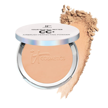 IT Cosmetics compact front view showing shade Medium and smooth finish benefit