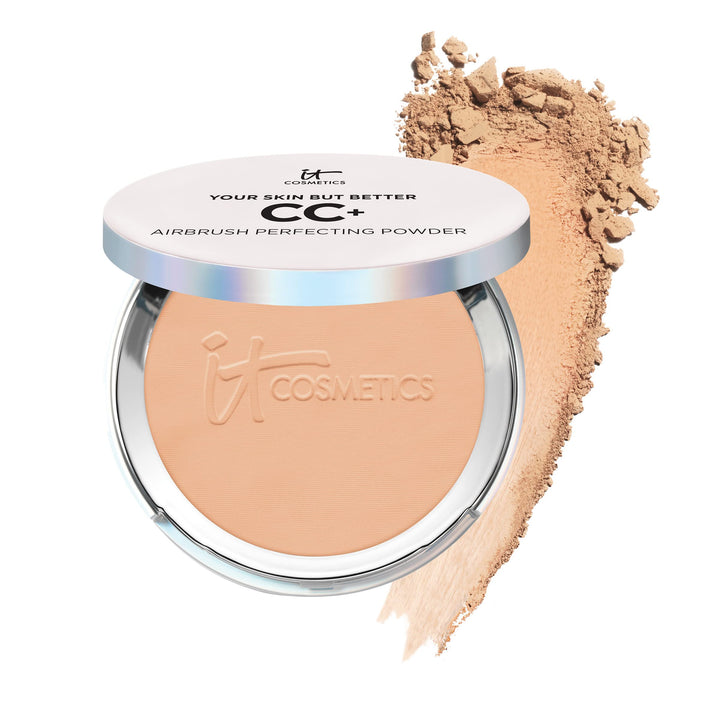 IT Cosmetics compact front view showing shade Medium and smooth finish benefit