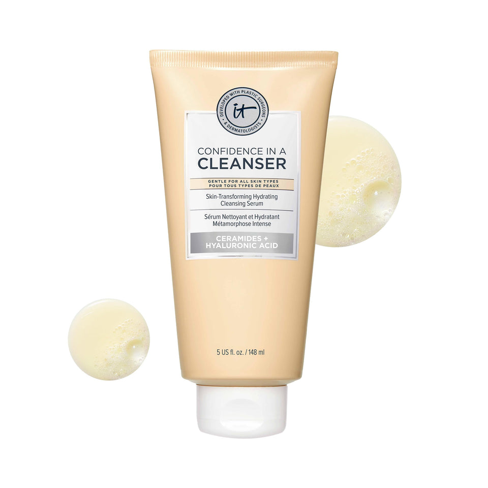 IT Cosmetics cleanser front packaging showing product and size benefit: clarity