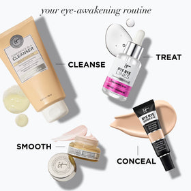 IT Cosmetics jar on bathroom shelf in bright setting showing everyday routine convenience