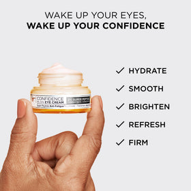 IT Cosmetics eye cream smoothed onto upper lid demonstrating coverage and prep
