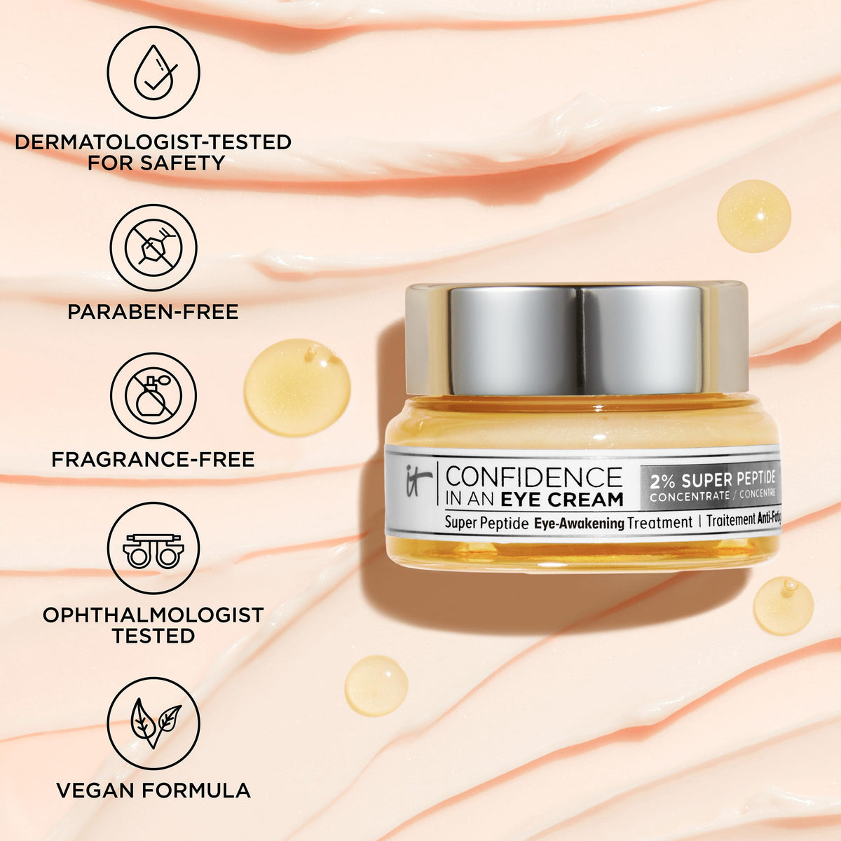 IT Cosmetics eye cream placed with concealer and brush showing makeup compatibility