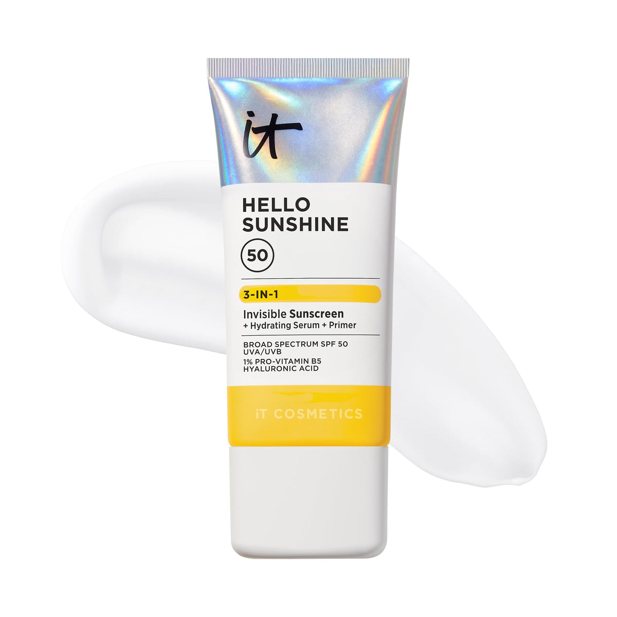 IT Cosmetics front packaging showing bottle and SPF 50 benefits and compact size