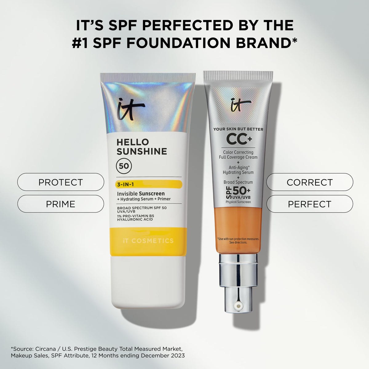 IT Cosmetics tube on bathroom vanity conveying everyday morning routine convenience