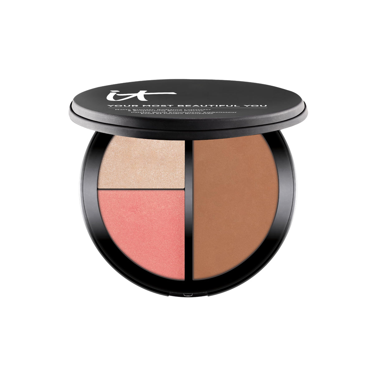 IT Cosmetics palette front view open showing bronzer luminizer and blush for versatile contouring