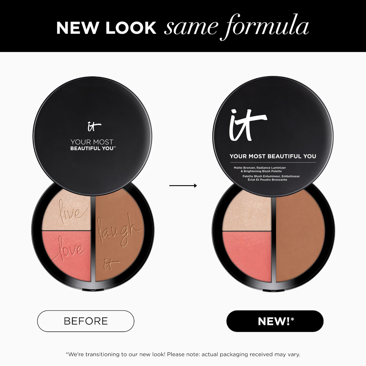 IT Cosmetics palette in use on model applying bronze and glow for natural radiant skin
