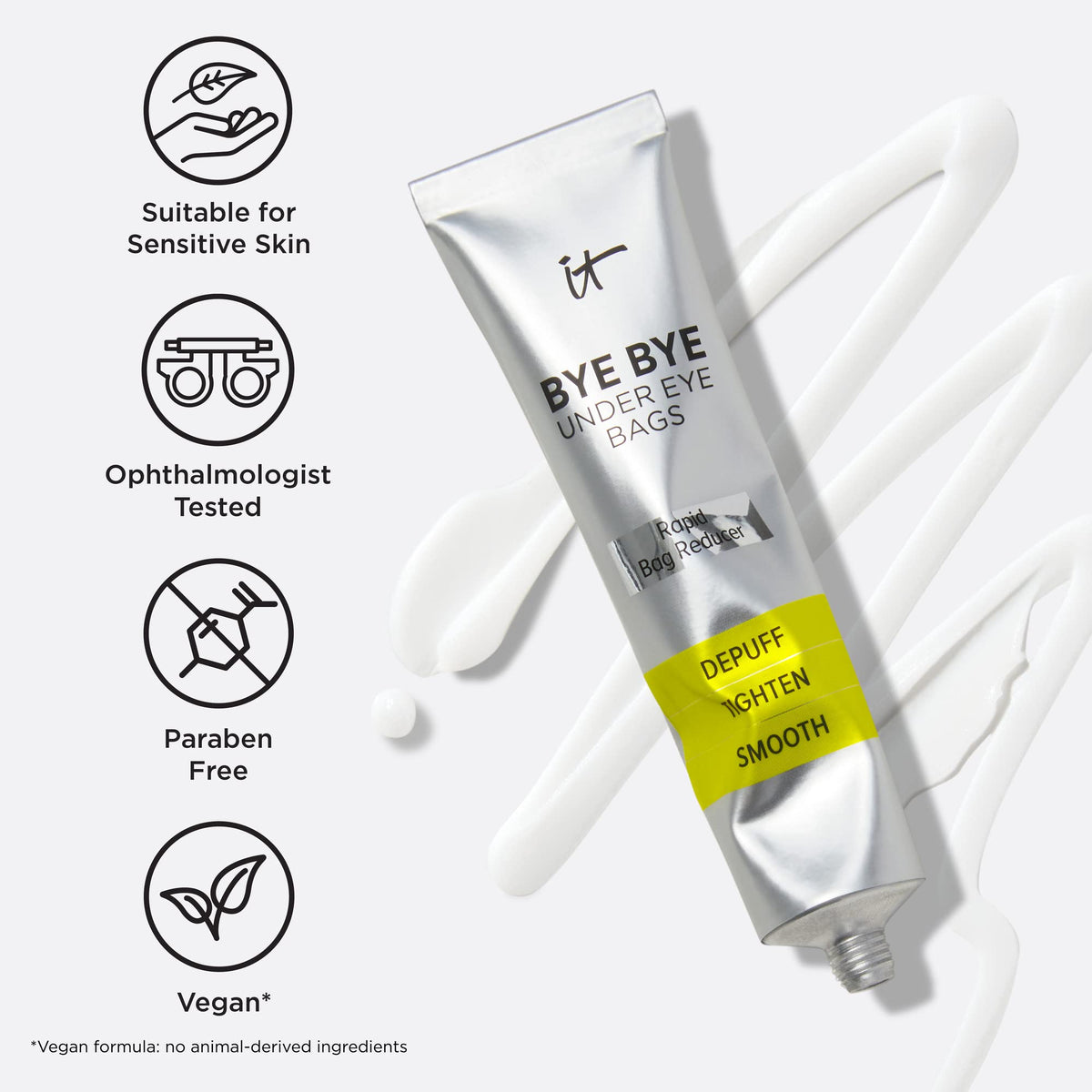 IT Cosmetics size-in-hand scale showing compact 0.5 oz tube for travel-friendly benefit