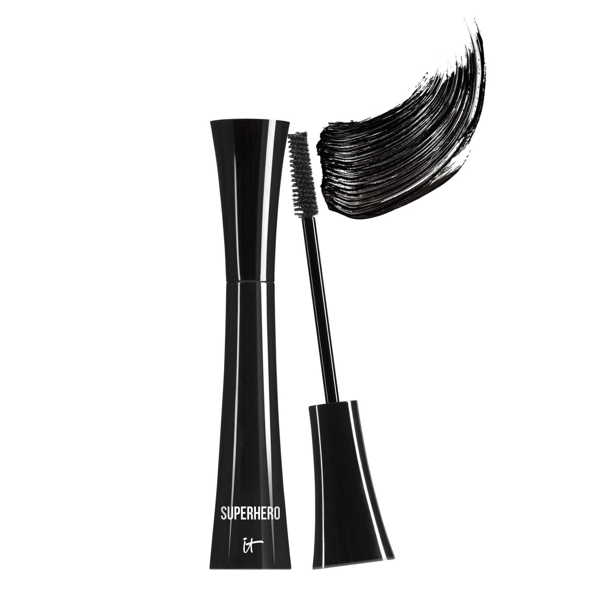 IT Cosmetics Superhero Mascara front packaging showing product and cap, bold black pigment benefit