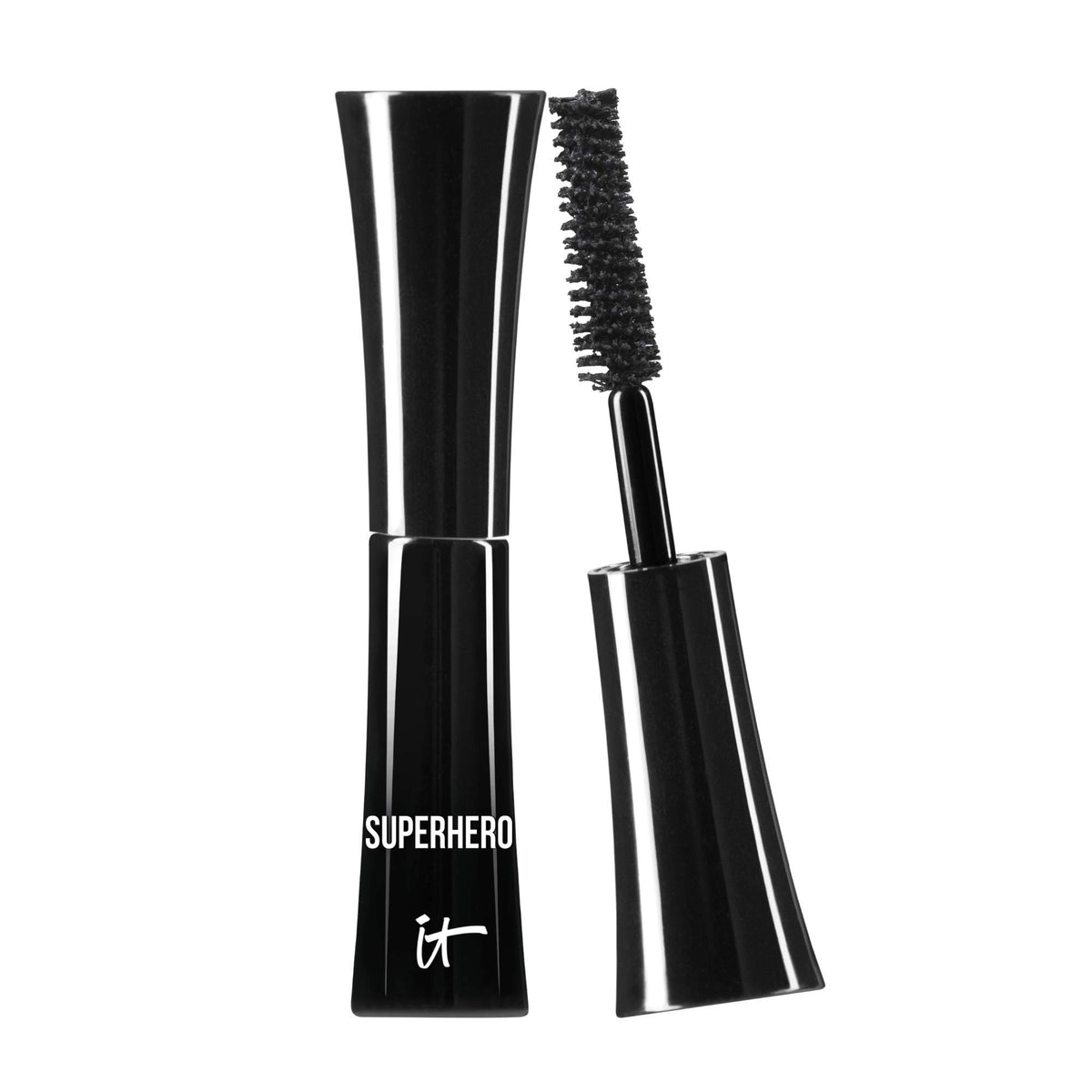 IT Cosmetics Superhero Mascara front packaging showing compact travel tube and bold black finish