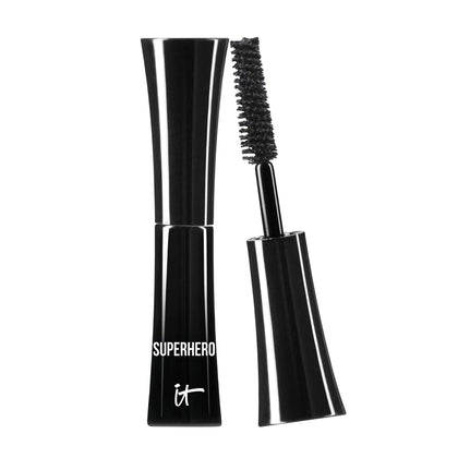 IT Cosmetics Superhero Mascara front packaging showing compact travel tube and bold black finish