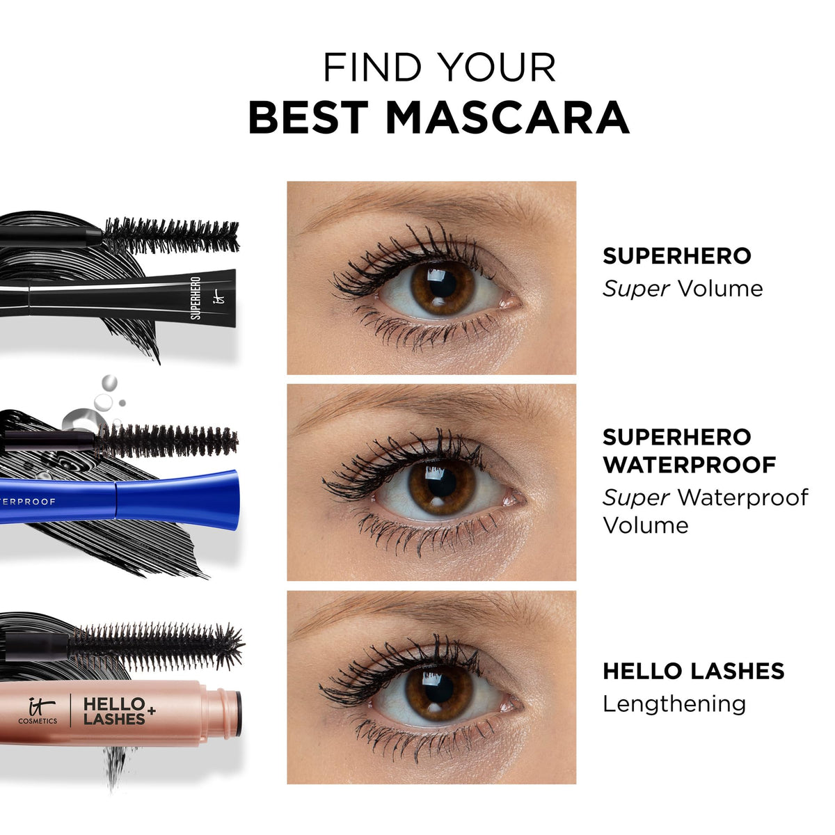 IT Cosmetics Superhero Mascara lifestyle application with model offering natural lifted lash effect