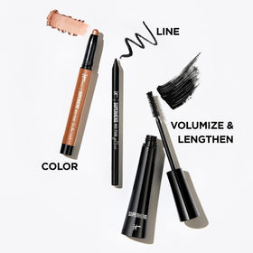 IT Cosmetics Superhero Mascara size comparison in hand to illustrate compact travel-friendly volume