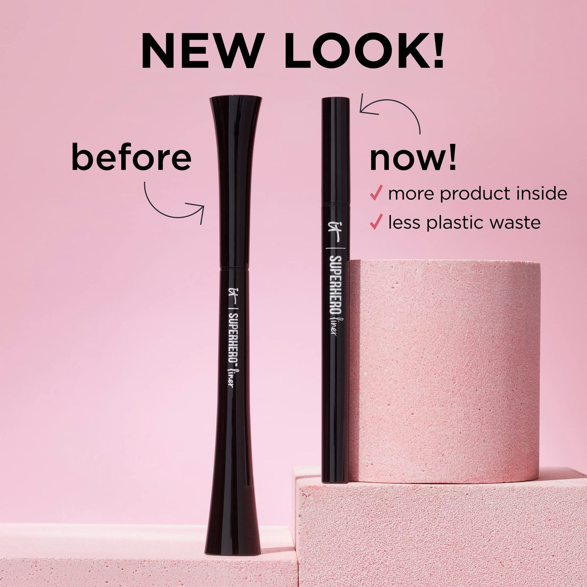 IT Cosmetics eyeliner next to a ruler for scale showing compact travel size and easy storage