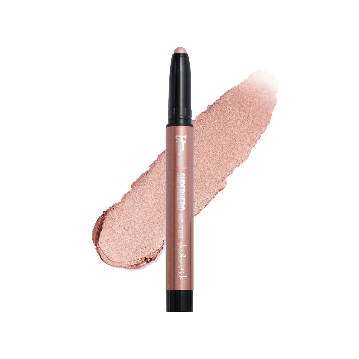 IT Cosmetics front tube view showing warm rose gold shade and easy grip